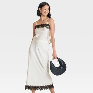 a new day Cream Midi Skirt with Black Lace Hem